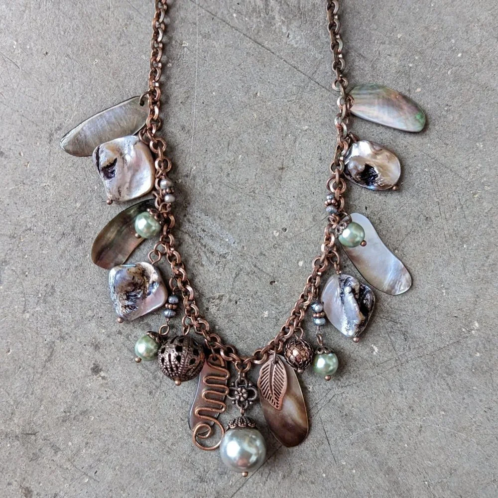 Lia Sophia Gold Broze Mother of Pearl Pendant Statement Necklace